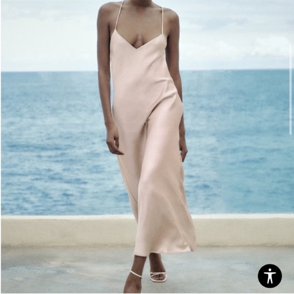 Zara Pink Satin Cross Back Midi Dress